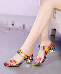 Multi Color Splicing Chunky Heel Peep Toe Slide Sandals