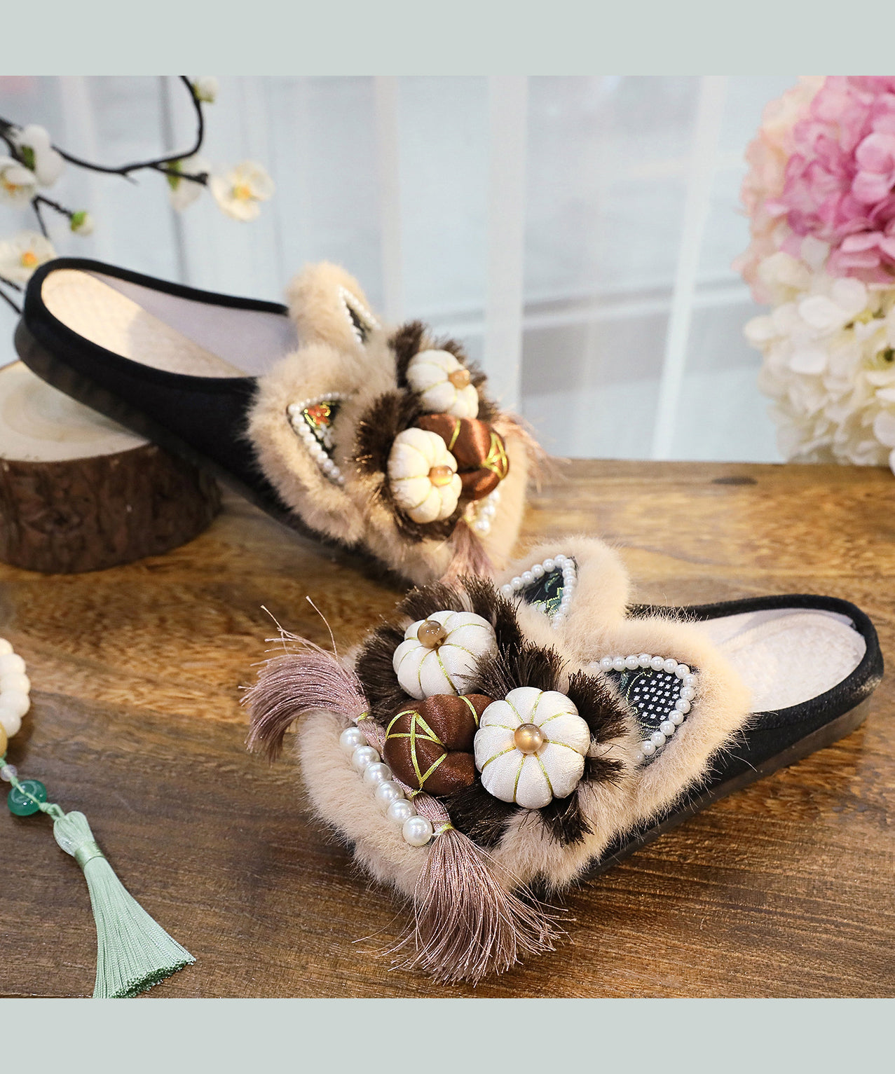 Splicing Slippers Shoes Coffee Embroidery Tassel