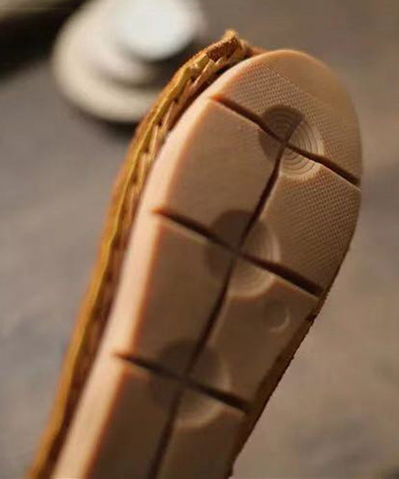 Khaki Buckle Strap Cowhide Leather Flats Shoes