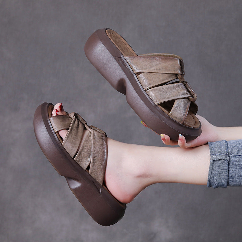 Retro Leather Casual Wedge Slippers For Women