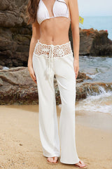 Solid Color Openwork Waist Tie Casual Knit Straight Leg Pants