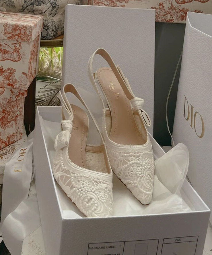 French White Embroidered Lace High Heeled Sandals