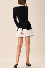 Color-blocked Long-sleeved Button-decorated Knitted Mini Dress