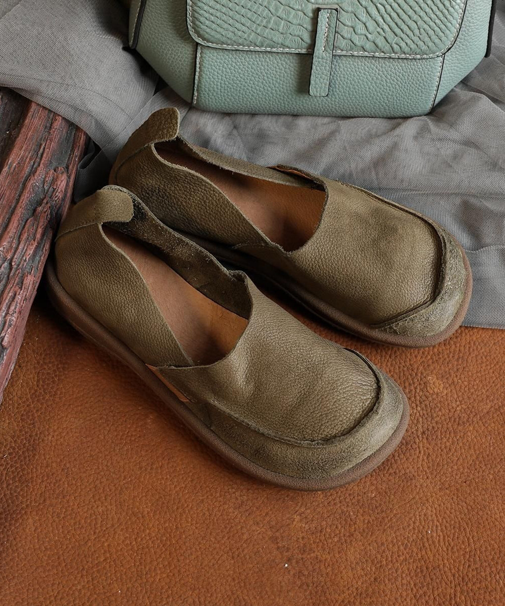 Handmade Khaki Cowhide Leather Splicing Flat Feet Shoes