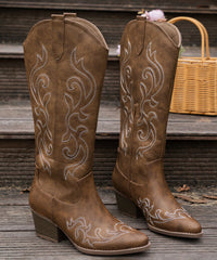 Retro Red Embossed Zippered Chunky Boots Faux Leather