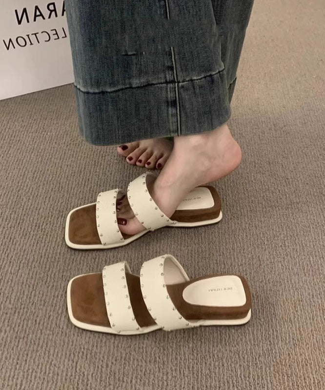 Beige Rivet Splicing Wedge Slide Sandals Peep Toe