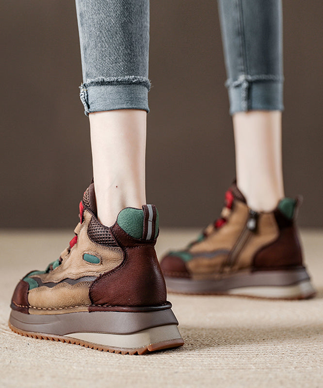 Green Lace Up Boots Splicing Platform Cowhide Leather