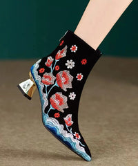Black Flower Embroidered Pointed Toe Short Boots