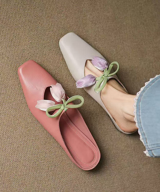 French Pink Cowhide Leather Splicing Floral Slide Sandals