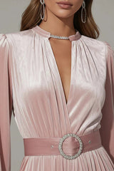 Solid Color Velvet V-neck Long-sleeved Belted Elegant Maxi Dress
