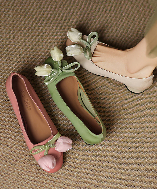 Elegant Green Bow Floral Splicing Cowhide Leather Flat Shoes
