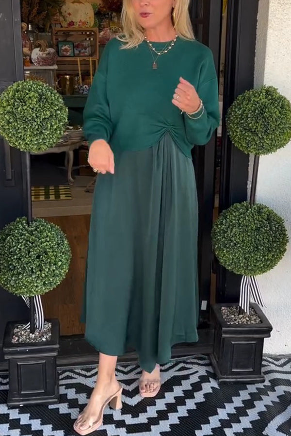 Practical Knit Ruched Sweater and Satin Stretch Tank Midi Dress Two-piece Set