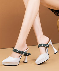 Splicing High Heel Slide Sandals Black Cowhide Leather