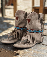 Grey Peep Toe Zircon Low Heel Sandals Boots Tasseled