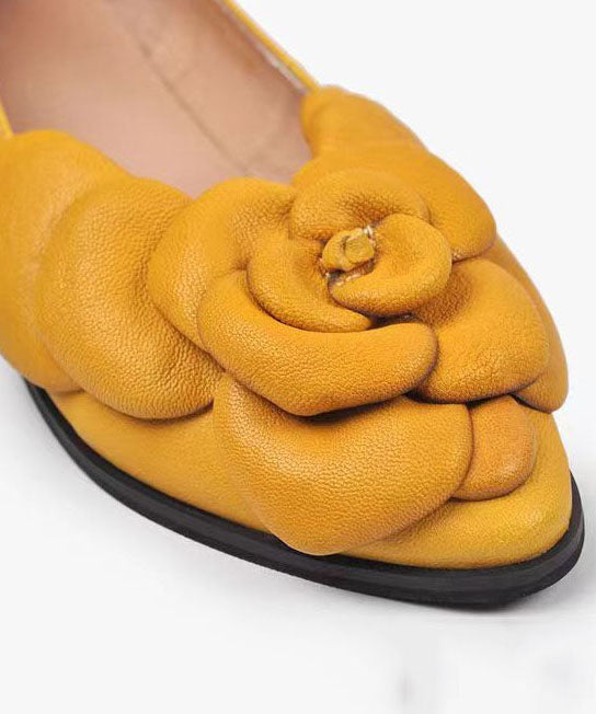 Yellow Floral Cowhide Leather Splicing Flat Feet Shoes
