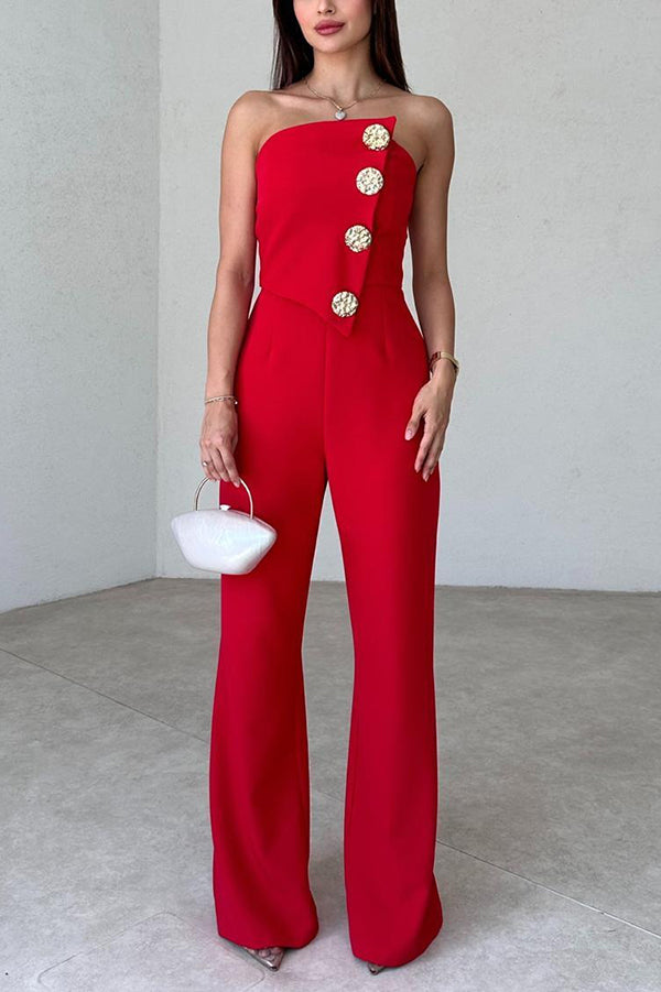 Solid Color Tube Top Gold Button Embellished Bootcut Jumpsuit