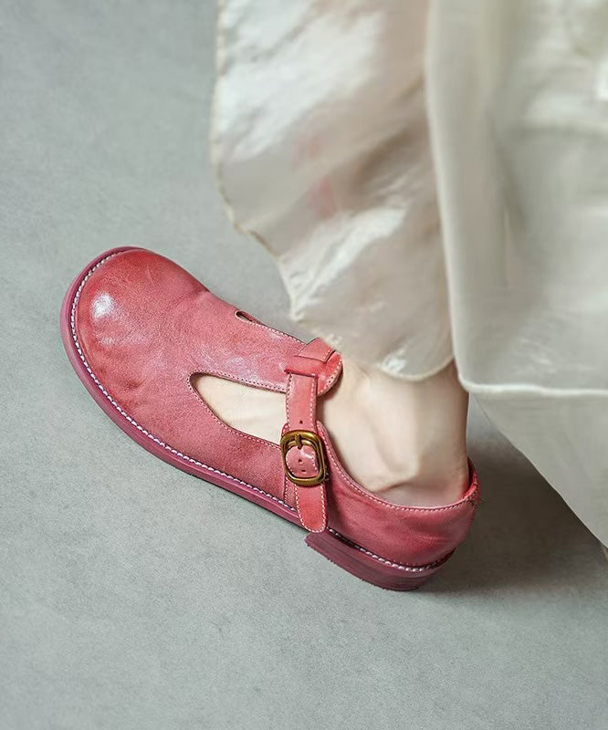 Handmade Splicing Flat Feet Shoes Pink Horsehide Leather
