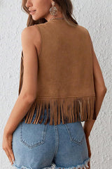 Suede V-neck Sleeveless Casual Studded Tassel Vest