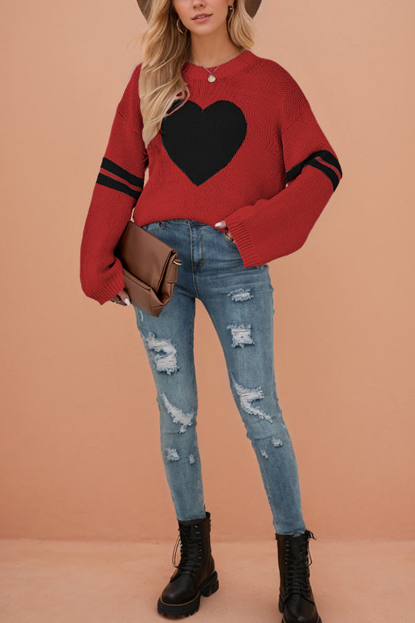 Heart-shaped Jacquard Long-sleeved Loose Knit Sweater