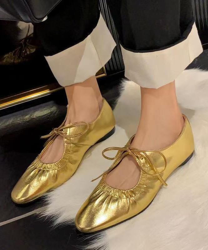 Gold Lace Up Faux Leather Splicing Flat Shoes Women