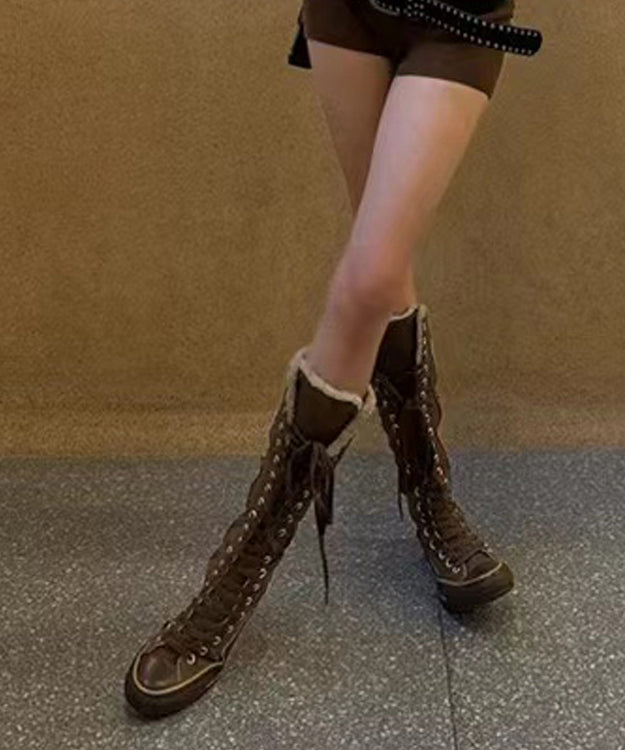 Brown Canvas Lace Up Splicing Boots Fuzzy Wool Lined