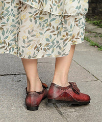 Red Flat Shoes Cowhide Leather Splicing Flat Shoes