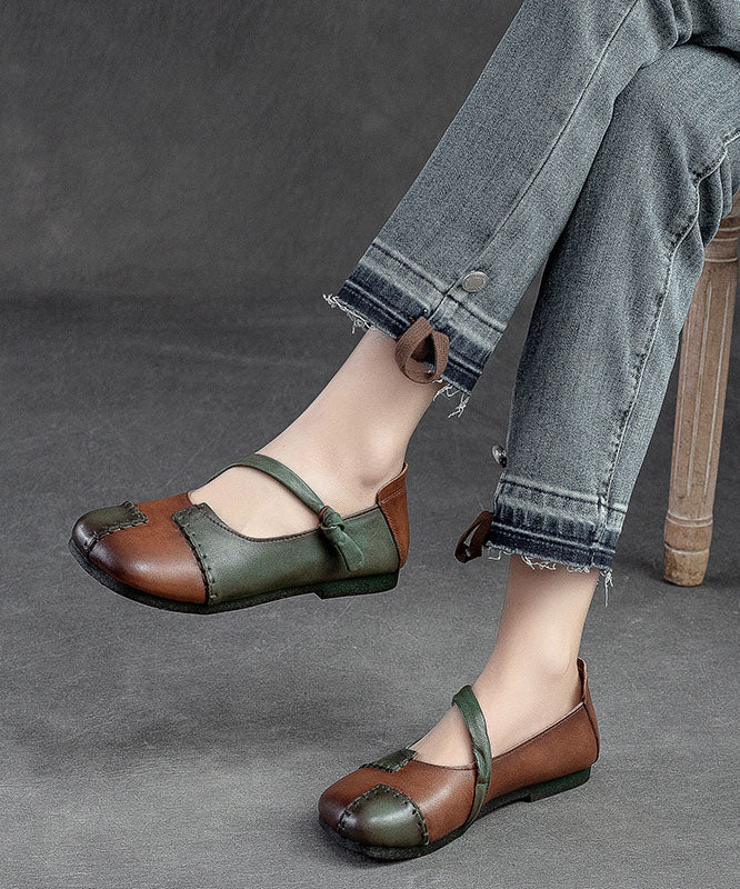 Brown Flats Cowhide Leather Splicing Flat Feet Shoes
