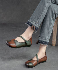 Brown Flats Cowhide Leather Splicing Flat Feet Shoes