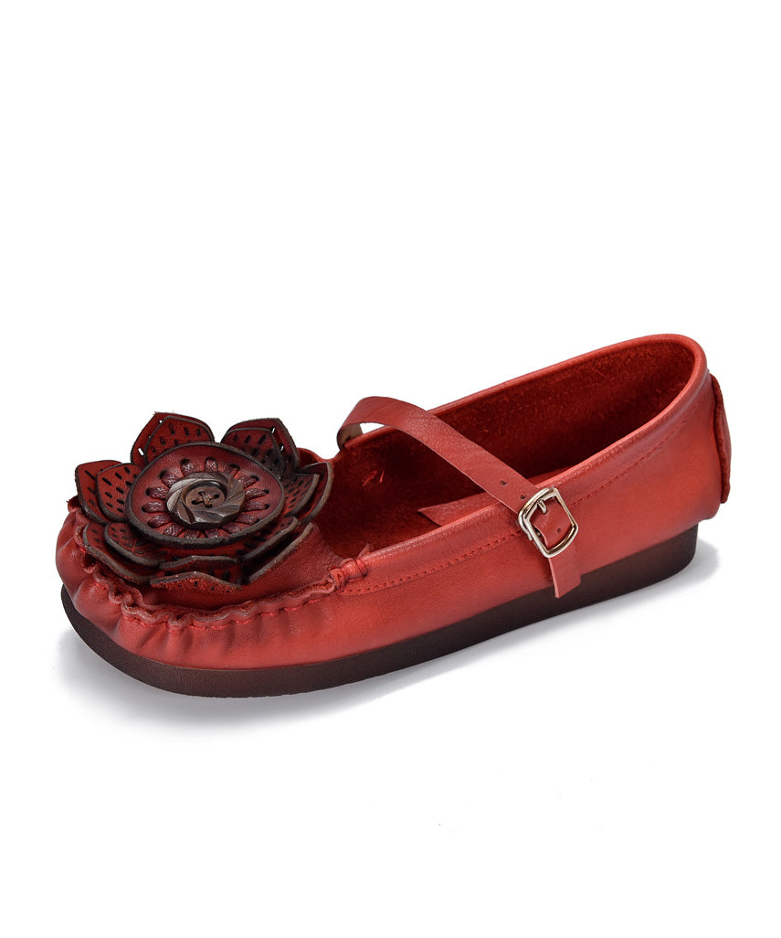 Cowhide Leather Flat Shoes For Red Splicing Floral Buckle Strap