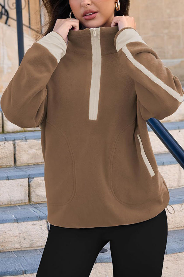Color-blocked Trim Loose Casual Pocket Sweatshirt