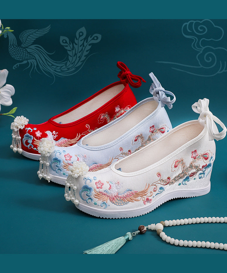White Embroideried High Heels Shoes Wedge Satin Fabric Lace Up High Wedge Heels