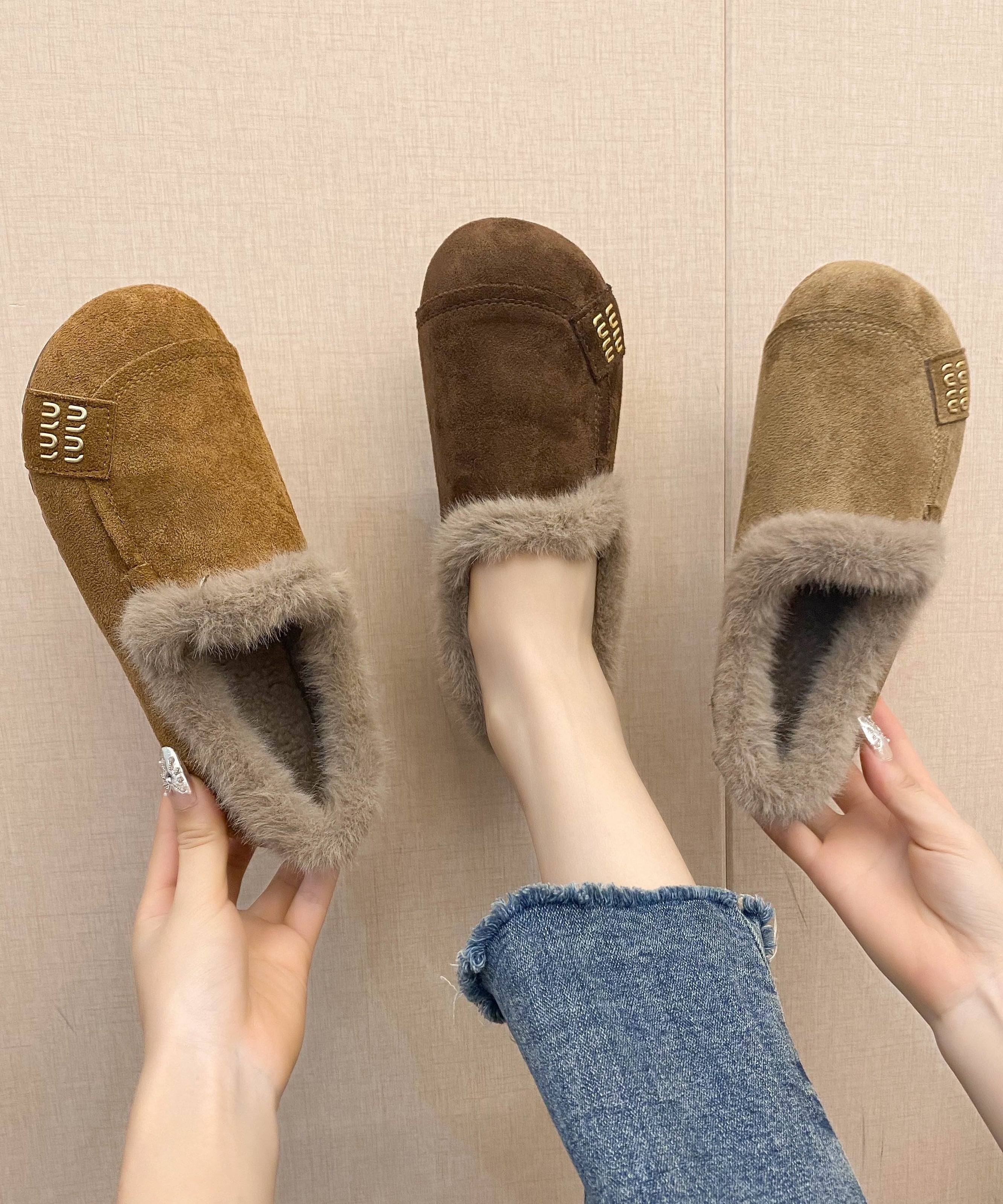 Khaki Suede Splicing Cozy Warm Flats