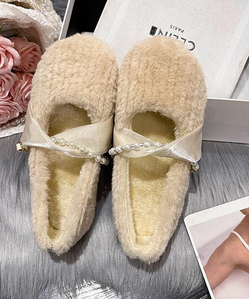 French Apricot Fuzzy Fur Splicing Flat Shoes For Women