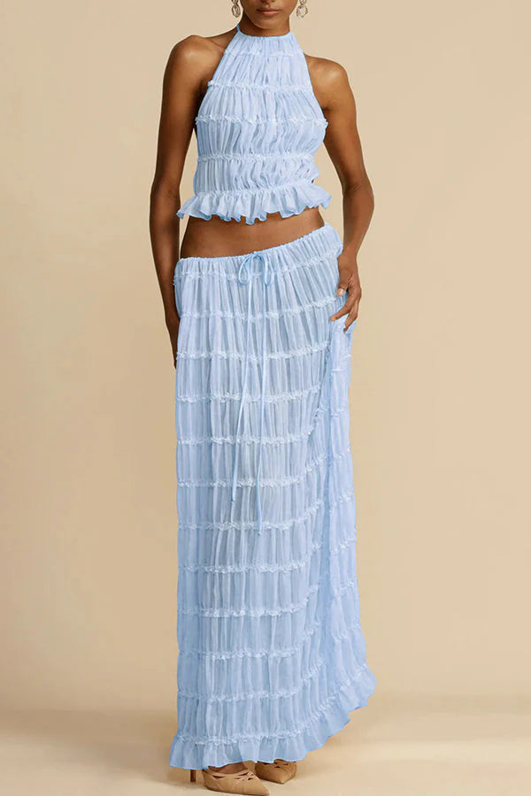 Versatility and Vintage Charm Pleated Drawstring Waist Tiered Maxi Skirt