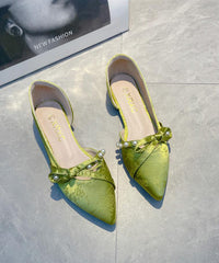 Handmade Splicing Flat Feet Shoes Green Bow Nail Bead