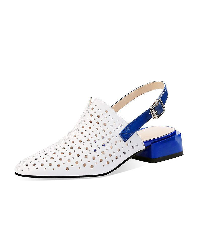 White Splicing Chunky Sandals Hollow Out Pointed Toe