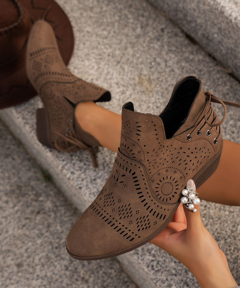 Brown Boots Chunky Faux Leather Solid Hollow Out Ankle Boots