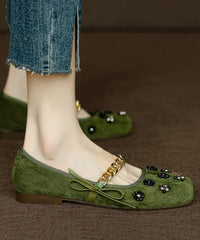 Bow Nail Bead Flat Feet Shoes Black Suede