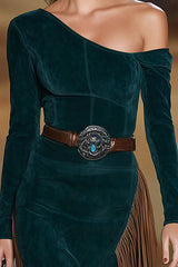 Slant Collar Long Sleeve Slim Fit Tassel Midi Dress