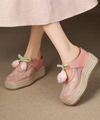 Pink Cowhide Leather Splicing Tulle Wedge Heels Slide Sandals