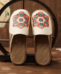 Red Embroideried Cotton Linen Fabric Slippers Shoes