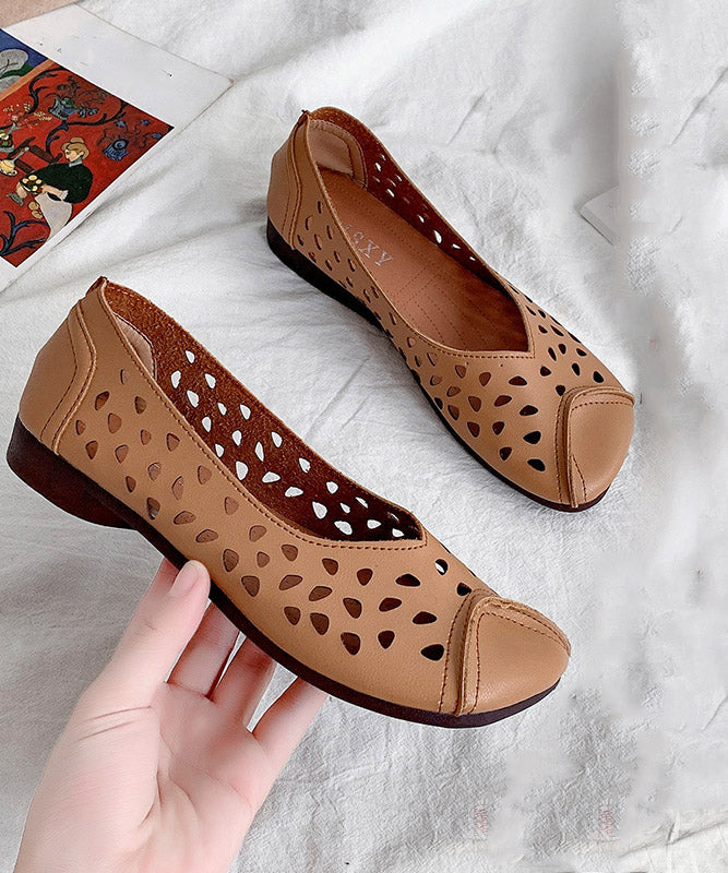 Brown Cowhide Flat Feet Shoes Hollow Out Flat Shoes