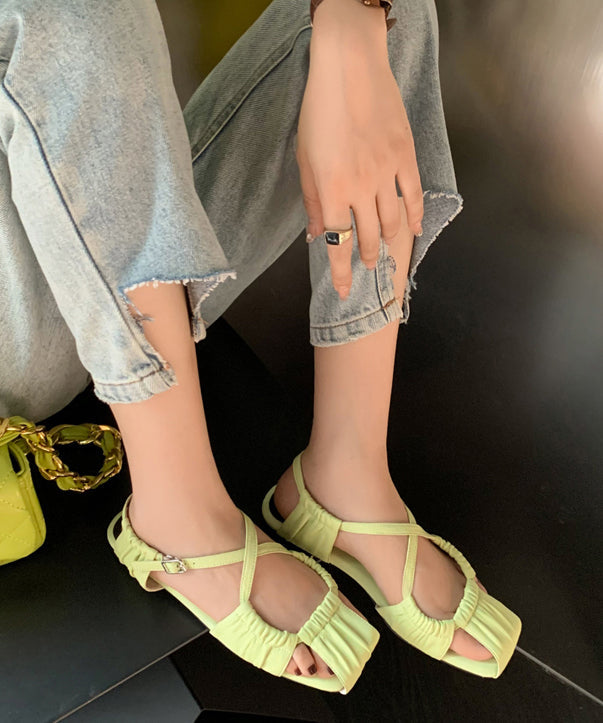 Green Hollow Out Flat Sandals Sheepskin Stylish Splicing