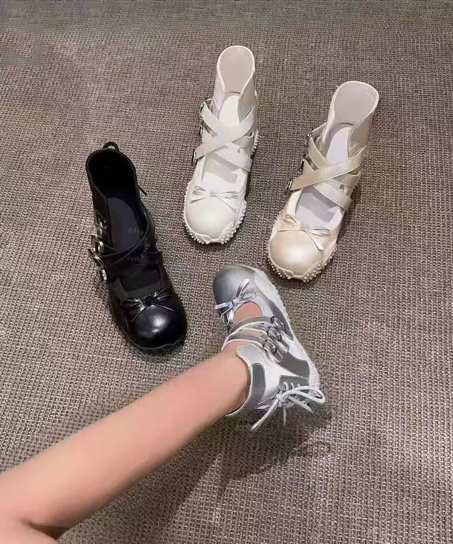 Fashion Bow Lace Up Splicing Flats Shoes Nude Faux Leather