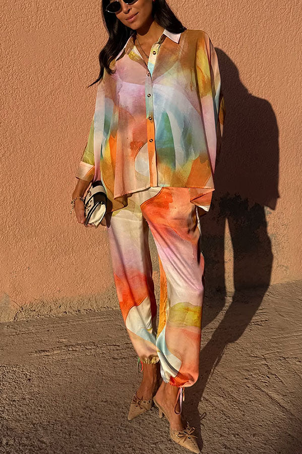 Vacation View Colorful Abstract Print Elastic Waist Pocket Loose Lantern Pants