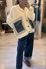 Loose Spliced denim Pocket Knitted Sweater Cardigan