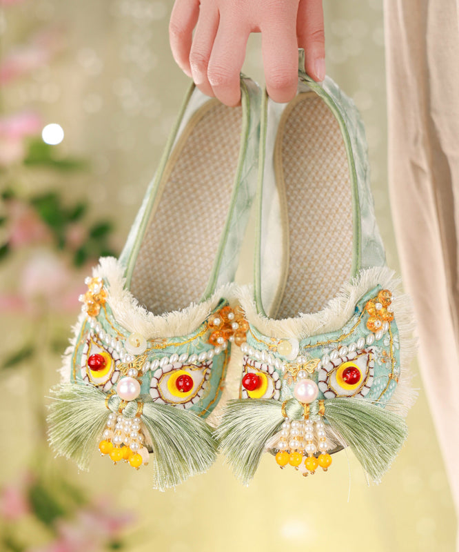 Green Cotton Fabric Flat Shoes Splicing Tassel Nail Bead