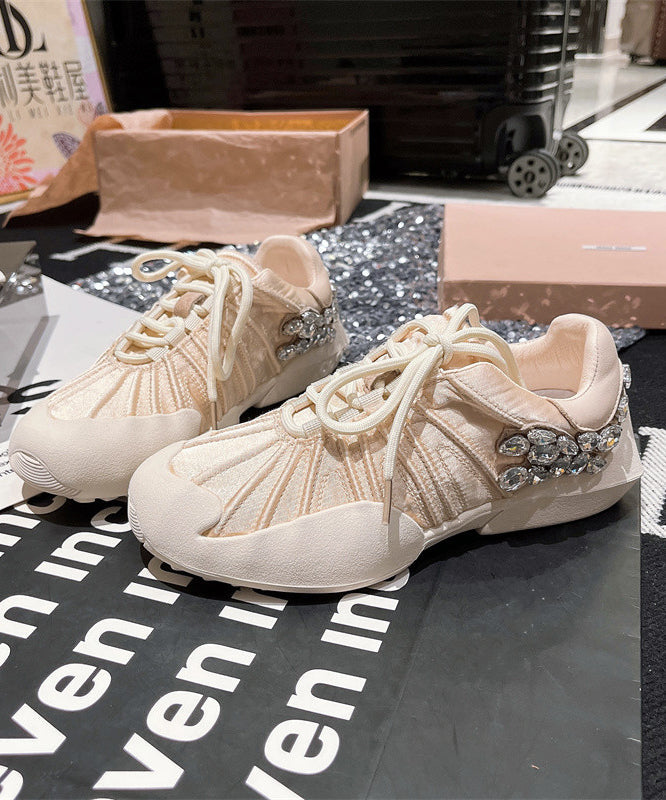 Pink Canvas Lace Up Zircon Splicing Flat Shoes For Women