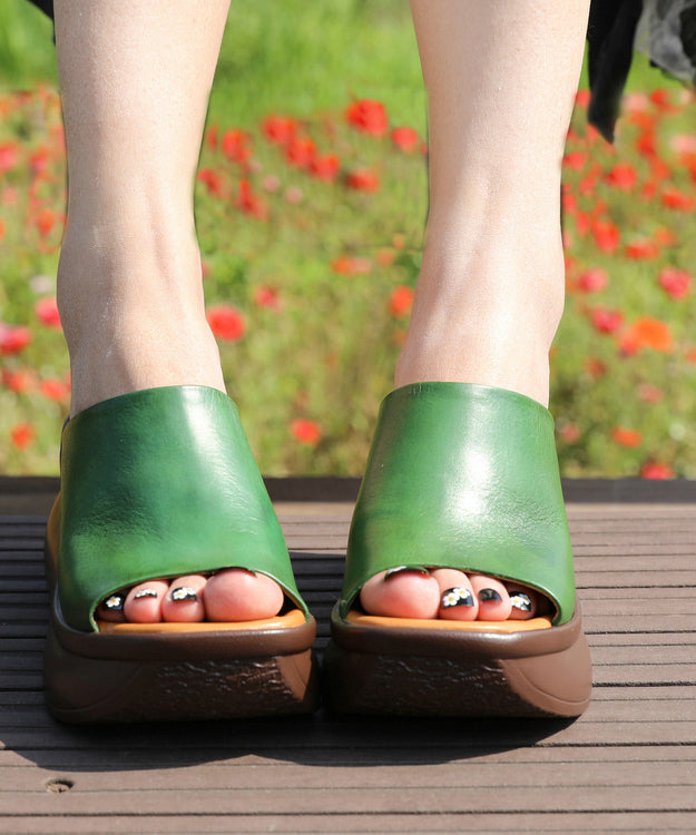 Green Cowhide Leather Peep Toe Splicing Wedge Slide Sandals