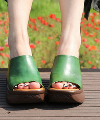 Green Cowhide Leather Peep Toe Splicing Wedge Slide Sandals